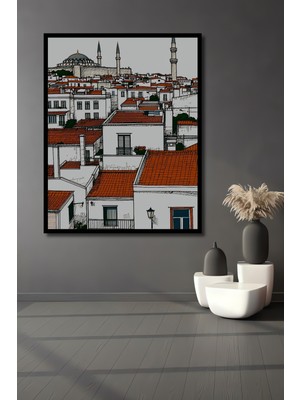 Çerçeve Görünümlü Istanbul Çatıları Kara Kalem Görünümlü Dekoratif Ahşap Ev/işyeri/ofis Kare Tablo