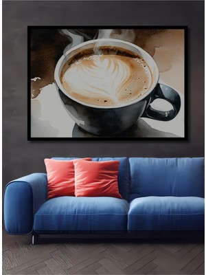 Çerçeve Görünümlü Sıcak Kahve Keyfi Sulu Boya Görünümlü Dekoratif Ahşap Ev/işyeri/ofis Kare Tablo