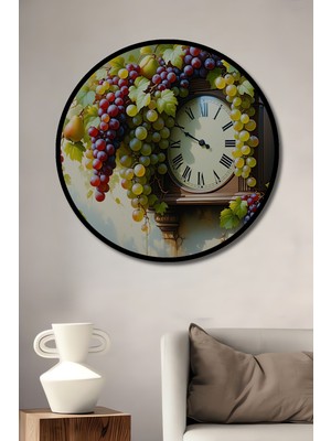 Çerçeve Görünümlü Üzüm ve Armutlu Antika Saat Yağlı Boya Görünümlü Ahşap Ofis Yuvarlak Tablo