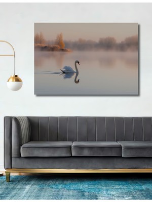 Huzurlu Göl Manzarası ve Kuğu Pastel Boya Görünümlü Dekoratif Ahşap Ev/işyeri/ofis Kare Tablo