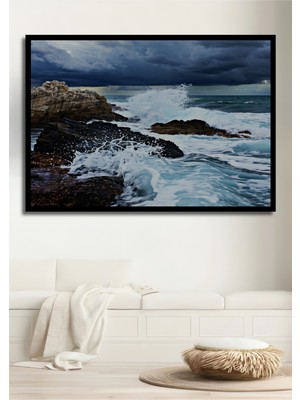 Çerçeve Görünümlü Fırtınalı Deniz Manzarası Yağlı Boya Görünümlü Dekoratif Ahşap Ofis Kare Tablo