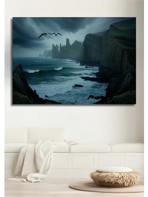 Fırtınalı Deniz Kuşları Yağlı Boya Görünümlü Dekoratif Ahşap Ev/işyeri/ofis Kare Tablo