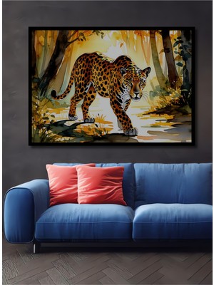 Çerçeve Görünümlü Ormanda Sulu Boya Görünümlü Jaguar Ev/işyeri/ofis Dekoratif Ahşap Kare Tablosu
