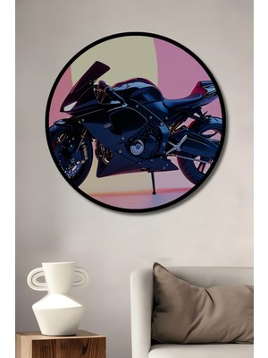 Çerçeve Görünümlü Siyah Motor Tutkusu Modern Sanat Yağlı Boya Görünümlü Ahşap Ofis Yuvarlak Tablo