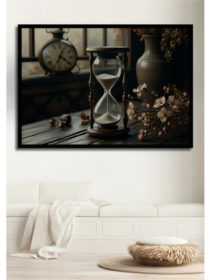 Çerçeve Görünümlü Eski Zaman Kum Saati Çiçekler Yağlı Boya Görünümlü Ahşap Ofis Kare Tablo