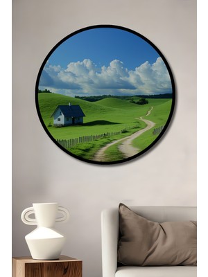 Çerçeve Görünümlü Yeşil Vadi Ev Manzarası Yağlı Boya Görünümlü Dekoratif Ahşap Ofis Yuvarlak Tablo