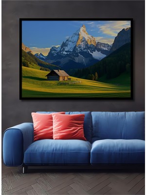 Çerçeve Görünümlü Alplerde Huzurlu Dağ Evi Yağlı Boya Görünümlü Dekoratif Ahşap Ofis Kare Tablo