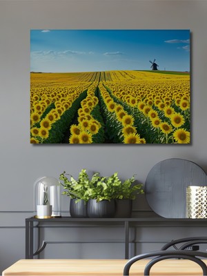 Sonsuz Ayçiçeği Tarlası Yağlı Boya Görünümlü Dekoratif Ahşap Ev/işyeri/ofis Kare Tablo