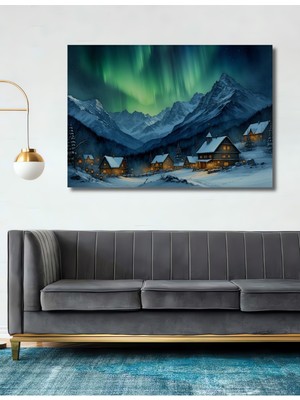 Kış Masalı Kuzey Işıkları Yağlı Boya Görünümlü Dekoratif Ahşap Ev/işyeri/ofis Kare Tablo