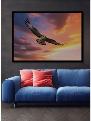 Çerçeve Görünümlü Gökyüzünde Süzülen Şahin Yağlı Boya Görünümlü Dekoratif Ahşap Ofis Kare Tablo