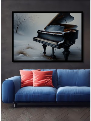 Çerçeve Görünümlü Kış Masalı Piyano Yağlı Boya Görünümlü Dekoratif Ahşap Ev/işyeri/ofis Kare Tablo