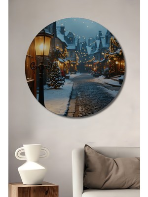 Kış Masalı Noel Sokağı Yağlı Boya Görünümlü Dekoratif Ahşap Ev/işyeri/ofis Yuvarlak Tablo