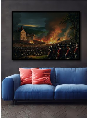Çerçeve Görünümlü Amerikan Bağımsızlık Savaşı Yağlı Boya Görünümlü Dekoratif Ahşap Ofis Kare Tablo
