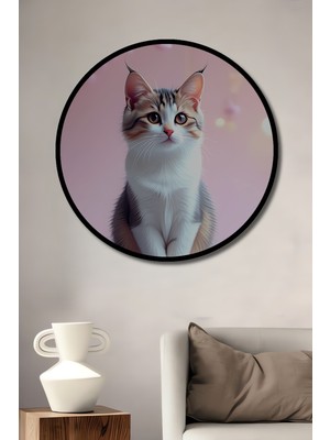 Çerçeve Görünümlü Pembe Çiçekler Arasında Tatlı Kedi Yağlı Boya Görünümlü Ahşap Ofis Tablo