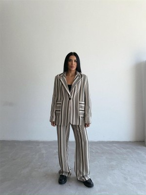 Ezel Glory Ottoman Çizgili Ceket-Pantolon Tk - Bej