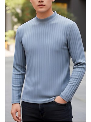 Monz Fitilli Slim Fit Likralı Yüksek Yaka Erkek Uzun Kol Tshirt