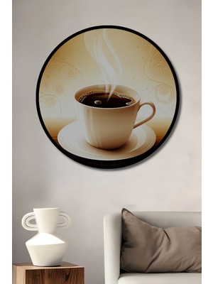 Çerçeve Görünümlü Buharlı Kahve ve Turuncu Yağlı Boya Görünümlü Dekoratif Ahşap Ofis Yuvarlak Tablo
