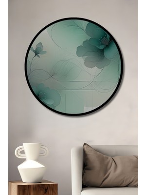 Çerçeve Görünümlü Turkuaz Çiçekler Sulu Boya Görünümlü Dekoratif Ahşap Işyeri/ofis Yuvarlak Tablo