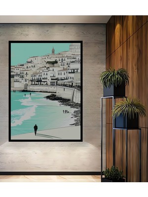 Çerçeve Görünümlü Deniz Kenarı Şehir Manzarası Kara Kalem Görünümlü Dekoratif Ahşap Ofis Kare Tablo