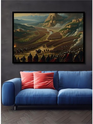 Çerçeve Görünümlü Destansı Savaş Alanı Yağlı Boya Görünümlü Dekoratif Ahşap Işyeri/ofis Kare Tablo