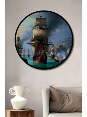 Çerçeve Görünümlü Yağlı Boya Görünümlü Deniz Savaşı Dekoratif Ahşap Ev/işyeri/ofis Yuvarlak Tablo