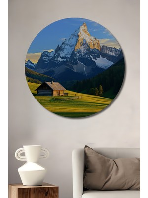 Alplerde Huzurlu Dağ Evi Yağlı Boya Görünümlü Dekoratif Ahşap Ev/işyeri/ofis Yuvarlak Tablo