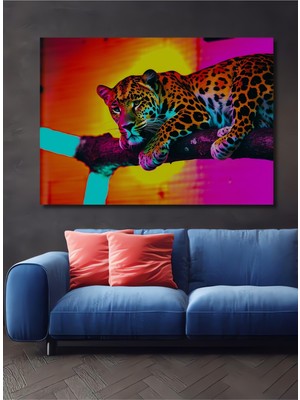 Neon Leopar Dinlenmesi Yağlı Boya Görünümlü Dekoratif Ahşap Ev/işyeri/ofis Kare Tablo
