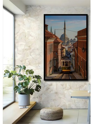 Çerçeve Görünümlü Istanbul Nostaljik Tramvay ve Cami Manzarası Yağlı Boya Görünümlü Ofis Tablo
