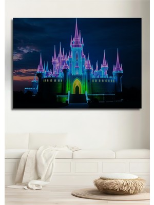 Neon Işıklar Altında Masalsı Şato Dekoratif Ahşap Ev/işyeri/ofis Kare Tablo