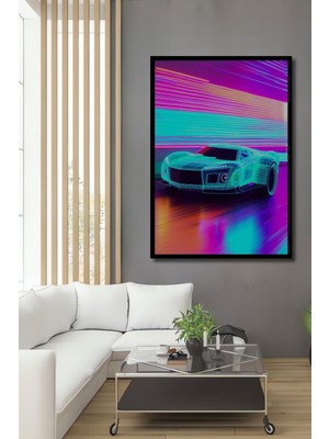 Çerçeve Görünümlü Neon Işıklı Fütüristik Araba Dekoratif Ahşap Ev/işyeri/ofis Kare Tablo