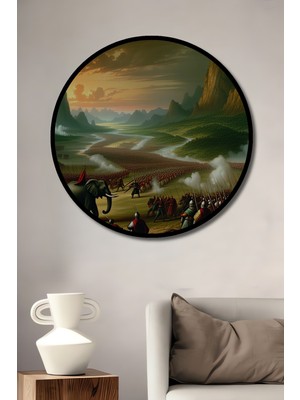 Çerçeve Görünümlü Fil Dişli Yağlı Boya Görünümlü Savaş Alanı Ofis Dekoratif Ahşap Yuvarlak Tablo