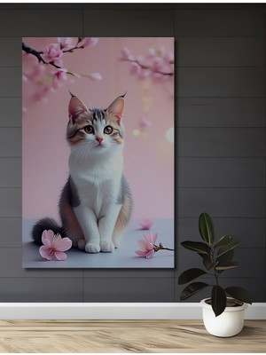 Pembe Çiçekler Arasında Tatlı Kedi Yağlı Boya Görünümlü Dekoratif Ahşap Ev/işyeri/ofis Kare Tablo
