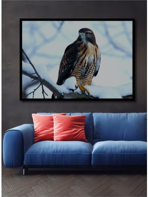 Çerçeve Görünümlü Kar Yağlı Dalda Kartal Yağlı Boya Görünümlü Ofis Dekoratif Ahşap Kare Tablo