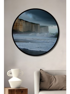 Çerçeve Görünümlü Falezler ve Dalgalar Manzaralı Yağlı Boya Görünümlü Ahşap Ofis Yuvarlak Tablo