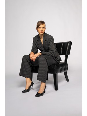 Kadın Antrasit Çizgili Gül Detaylı Blazer