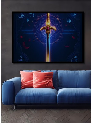 Çerçeve Görünümlü Mistikal Kılıç ve Mandala Yağlı Boya Görünümlü Dekoratif Ahşap Ofis Kare Tablo