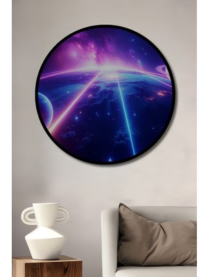 Çerçeve Görünümlü Neon Işıklarıyla Kozmik Dans Yağlı Boya Görünümlü Ahşap Ofis Yuvarlak Tablo