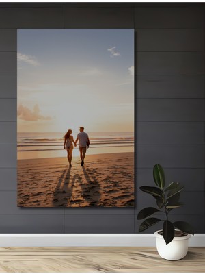 Gün Batımında Romantik Sahil Yürüyüşü Yağlı Boya Görünümlü Dekoratif Ahşap Ev/işyeri/ofis Tablo