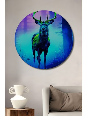 Neon Ormanındaki Ihtişamlı Geyik Yağlı Boya Görünümlü Dekoratif Ahşap Ev/işyeri/ofis Yuvarlak Tablo