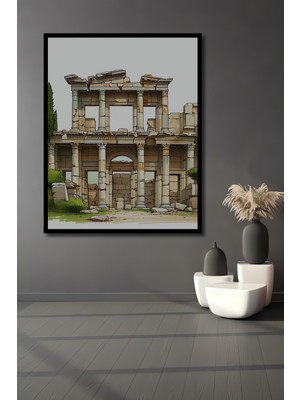 Çerçeve Görünümlü Efes Antik Kent Kara Kalem Görünümlü Dekoratif Ahşap Ev/işyeri/ofis Kare Tablo