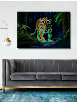 Neon Kaplan Orman Yağlı Boya Görünümlü Dekoratif Ahşap Ev/işyeri/ofis Kare Tablo