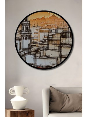 Çerçeve Görünümlü Istanbul Silüeti Kara Kalem Görünümlü Dekoratif Ahşap Işyeri/ofis Yuvarlak Tablo