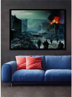 Çerçeve Görünümlü Savaşın Yıkımı Yağlı Boya Görünümlü Dekoratif Ahşap Ev/işyeri/ofis Kare Tablo