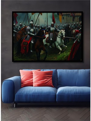 Çerçeve Görünümlü Zırhlı Atlılar Yağlı Boya Görünümlü Dekoratif Ahşap Ev/işyeri/ofis Kare Tablo