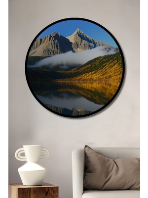 Çerçeve Görünümlü Dağların Gölgesi Yağlı Boya Görünümlü Dekoratif Ahşap Işyeri/ofis Yuvarlak Tablo