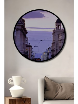 Çerçeve Görünümlü Lizbon Nostaljik Tramvay Yağlı Boya Görünümlü Dekoratif Ahşap Ofis Yuvarlak Tablo