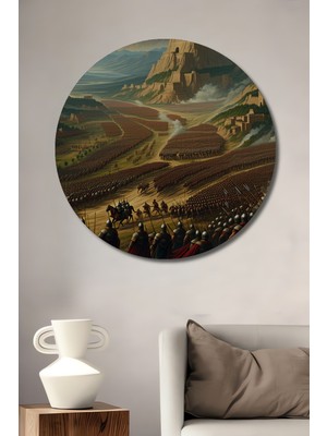 Destansı Savaş Alanı Yağlı Boya Görünümlü Dekoratif Ahşap Ev/işyeri/ofis Yuvarlak Tablo