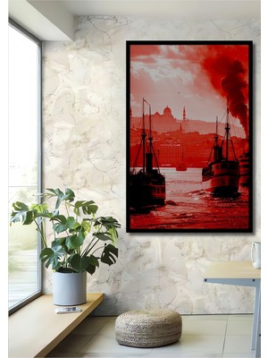 Çerçeve Görünümlü Kızıl Istanbul Vapurları Yağlı Boya Görünümlü Dekoratif Ahşap Ofis Kare Tablo