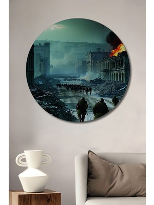 Savaşın Yıkımı Yağlı Boya Görünümlü Dekoratif Ahşap Ev/işyeri/ofis Yuvarlak Tablo