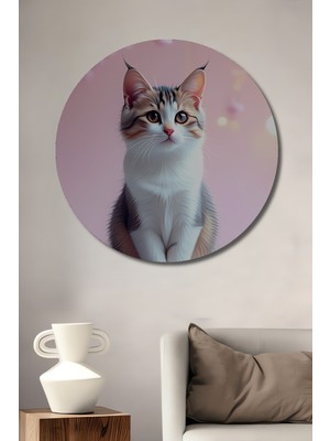 Pembe Çiçekler Arasında Tatlı Kedi Yağlı Boya Görünümlü Dekoratif Ahşap Ev/işyeri/ofis Tablo